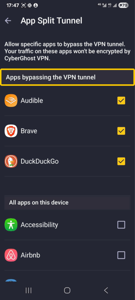 CyberGhost VPN Android app App Split Tunnel screen with Apps bypassing the VPN tunnel outlined in yellow and several apps selected below it.