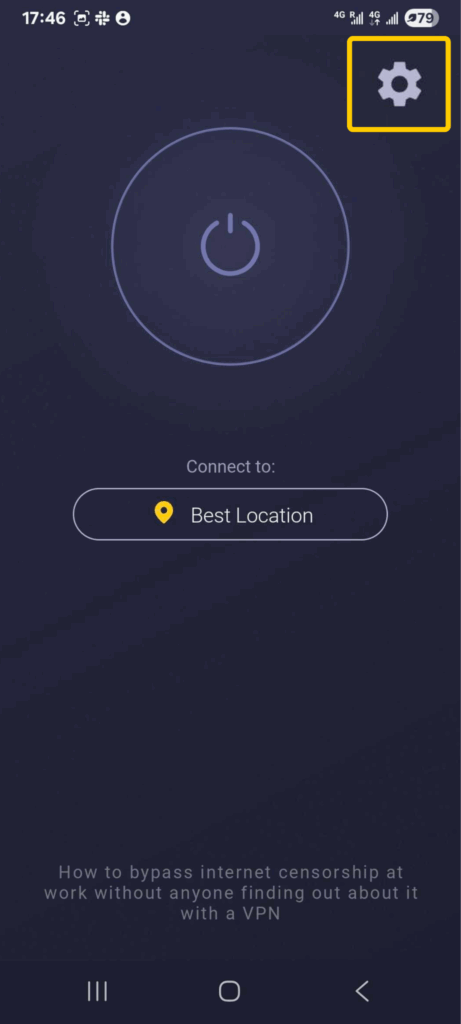 CyberGhost VPN Android app home screen with Settings icon outlined in yellow.