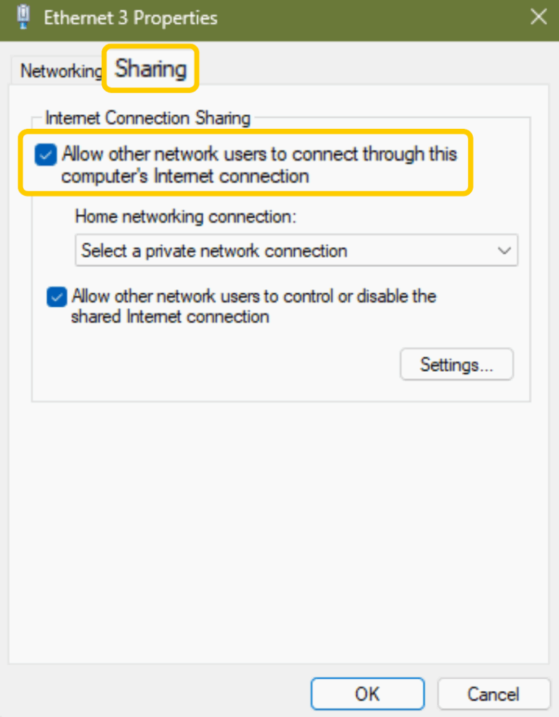 Ethernet Properties window with the Sharing tab and internet sharing option enabled.