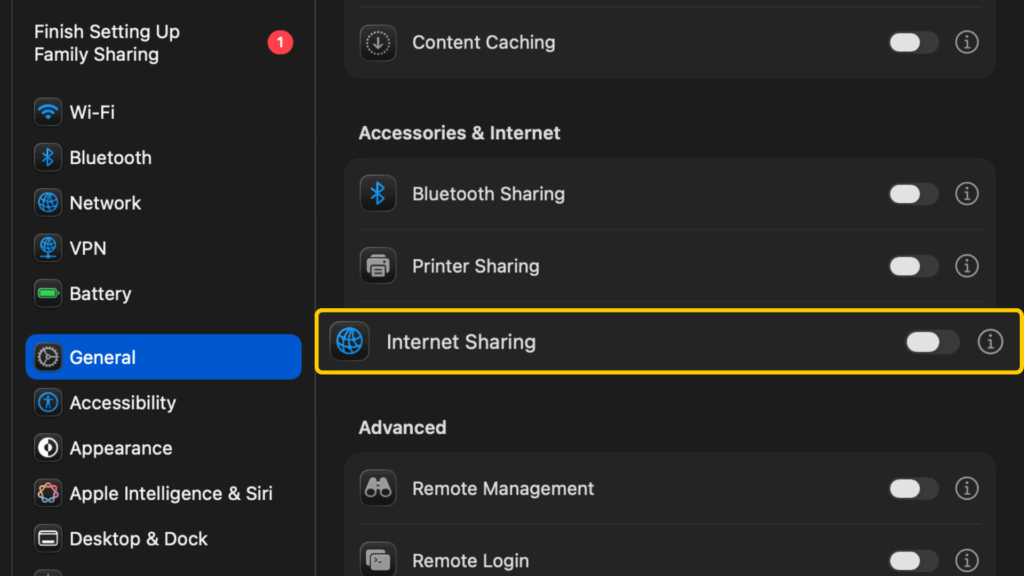 Sharing settings with the Internet Sharing information button selected.