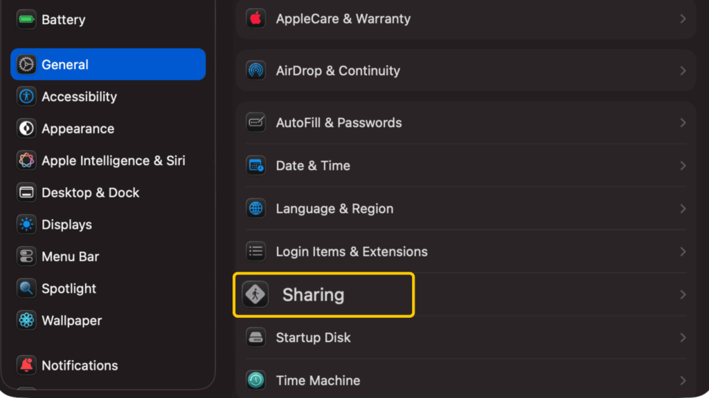macOS System Settings with General > Sharing highlighted.