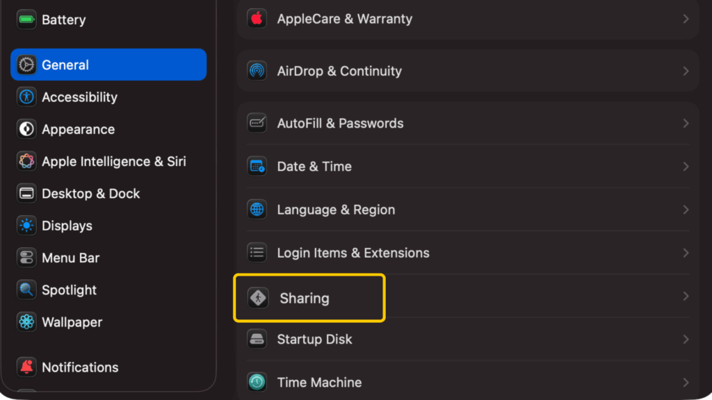 macOS System Settings with General > Sharing highlighted.