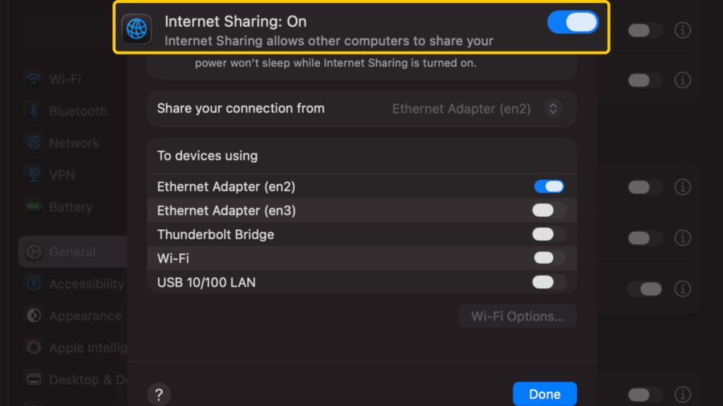 Internet Sharing enabled and sharing the connection over Ethernet.