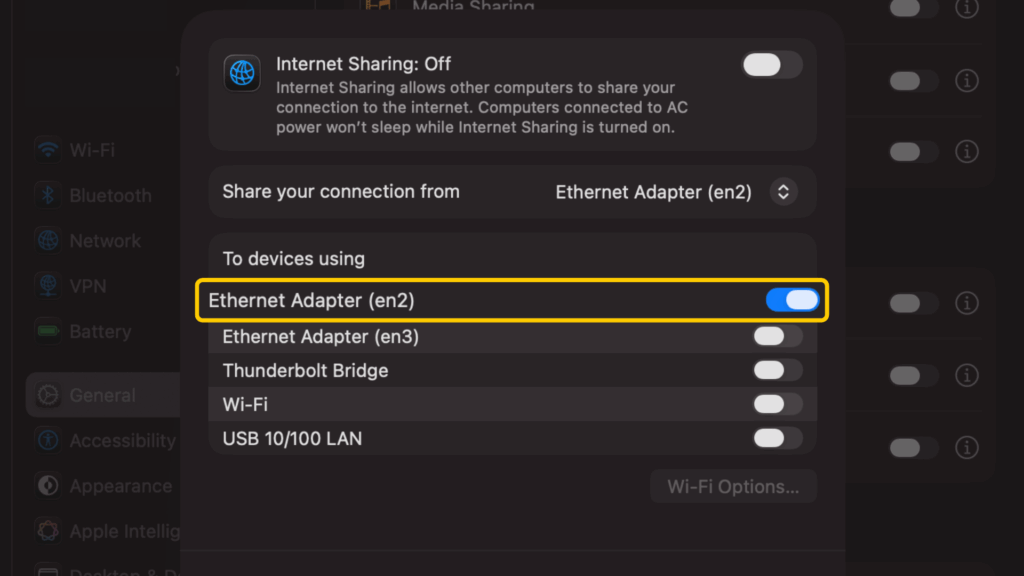 Internet Sharing settings with Ethernet enabled under To devices using.