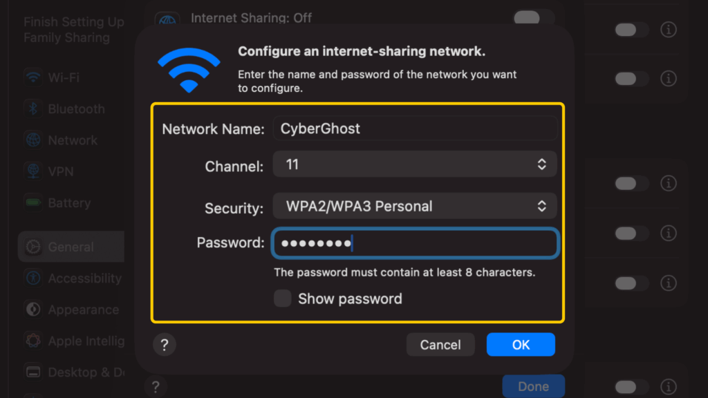 macOS Wi-Fi Options window showing the hotspot network name, security type, and password fields.