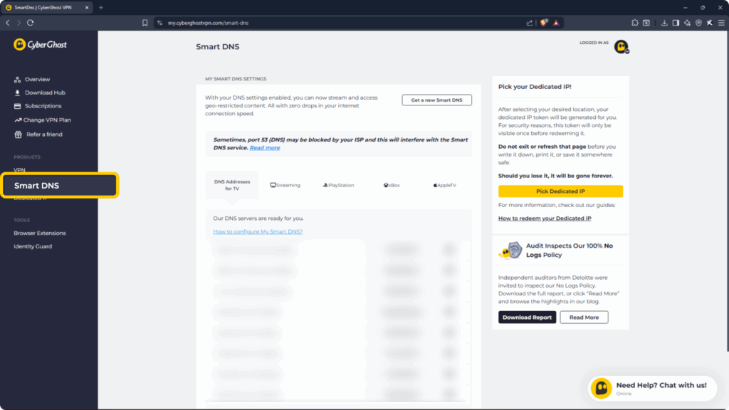 Smart DNS page showing CyberGhost DNS server addresses ready to copy for TV setup.