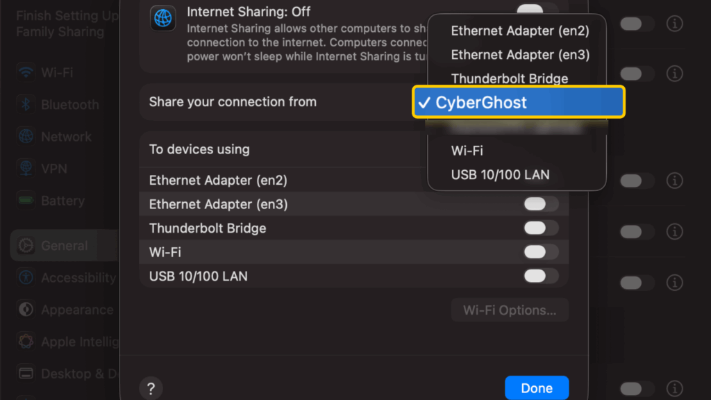 Internet Sharing settings with CyberGhost VPN selected under Share your connection from.