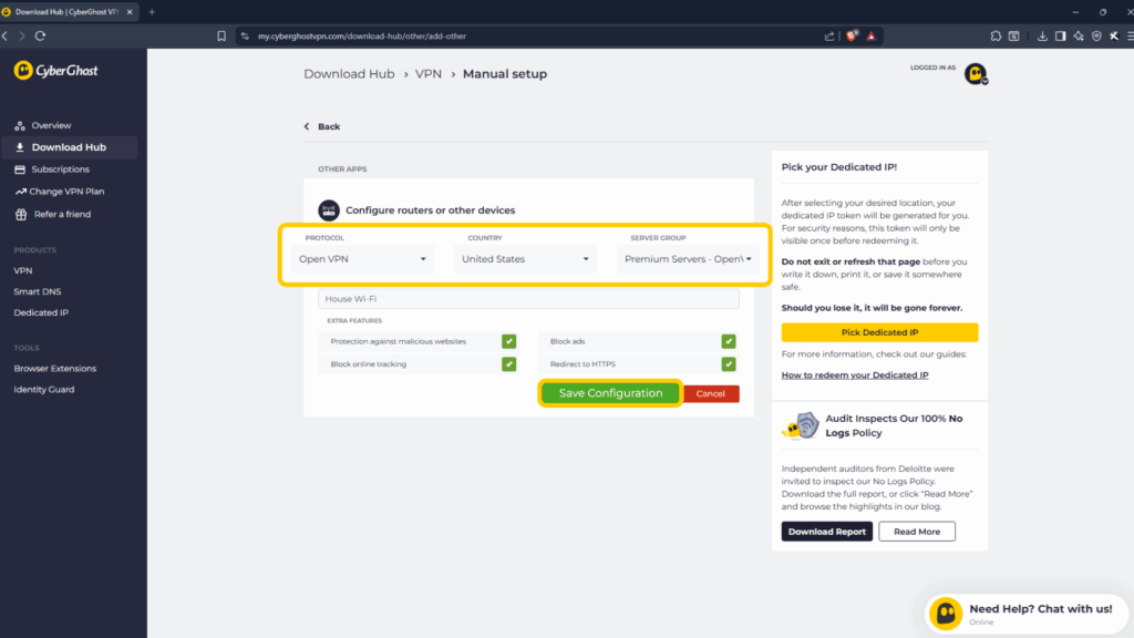 Screenshot highlighting how to configure CyberGhost VPN on a router using OpenVPN