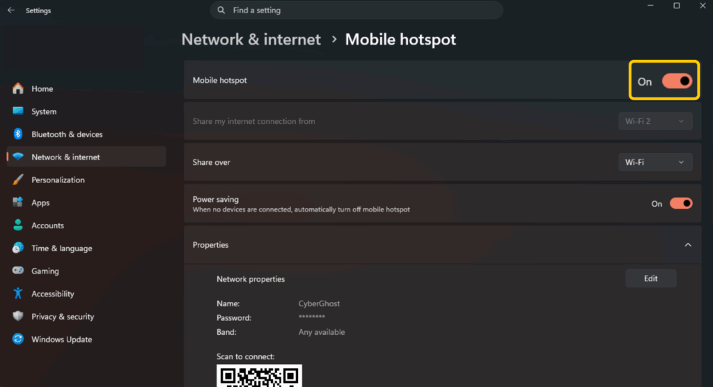 Screenshot highlighting how to turn on mobile hotspot on Windows