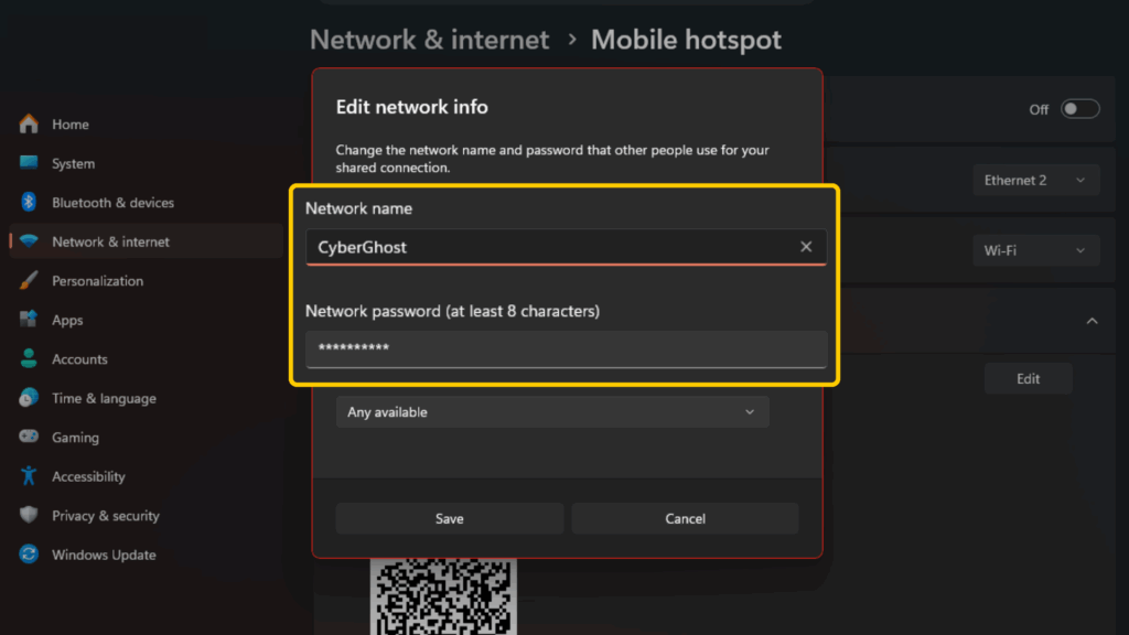 Screenshot highlighting where to enter the hotspot name and password