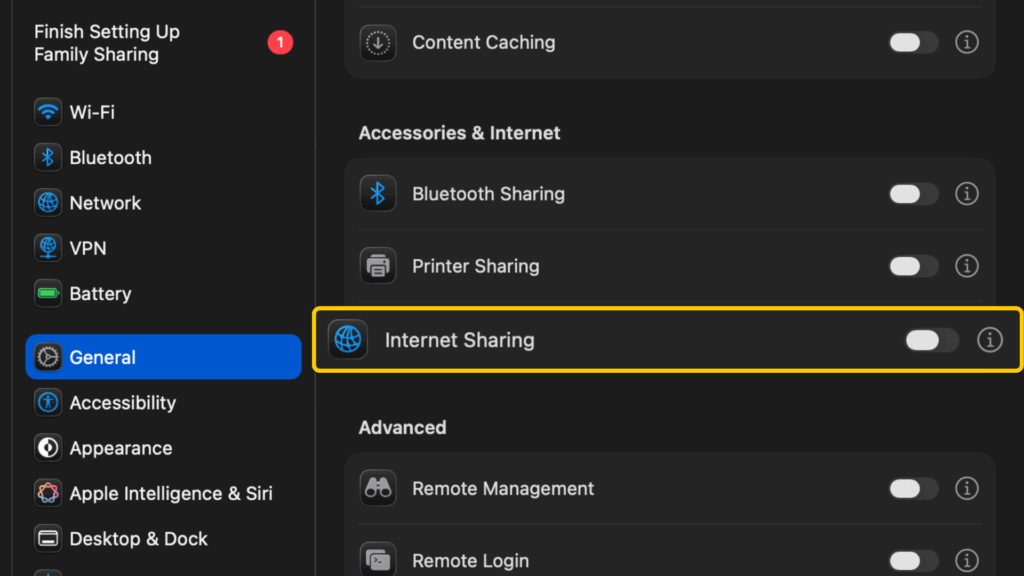 macOS Sharing settings showing the Internet Sharing information button.