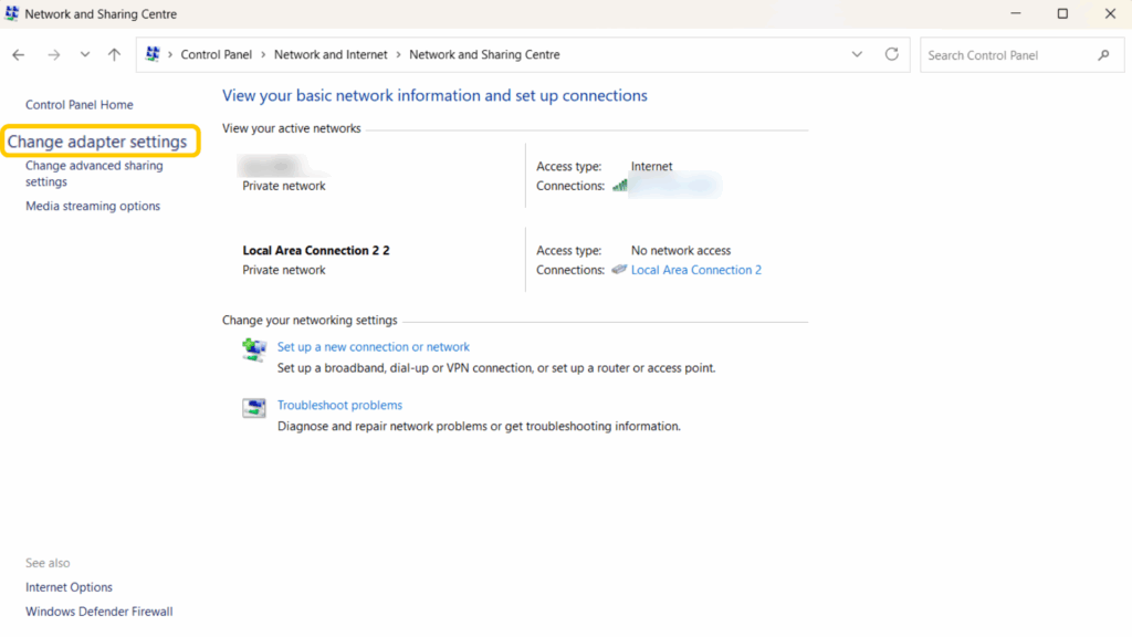 Windows Network and Sharing Center showing the Change adapter settings option.