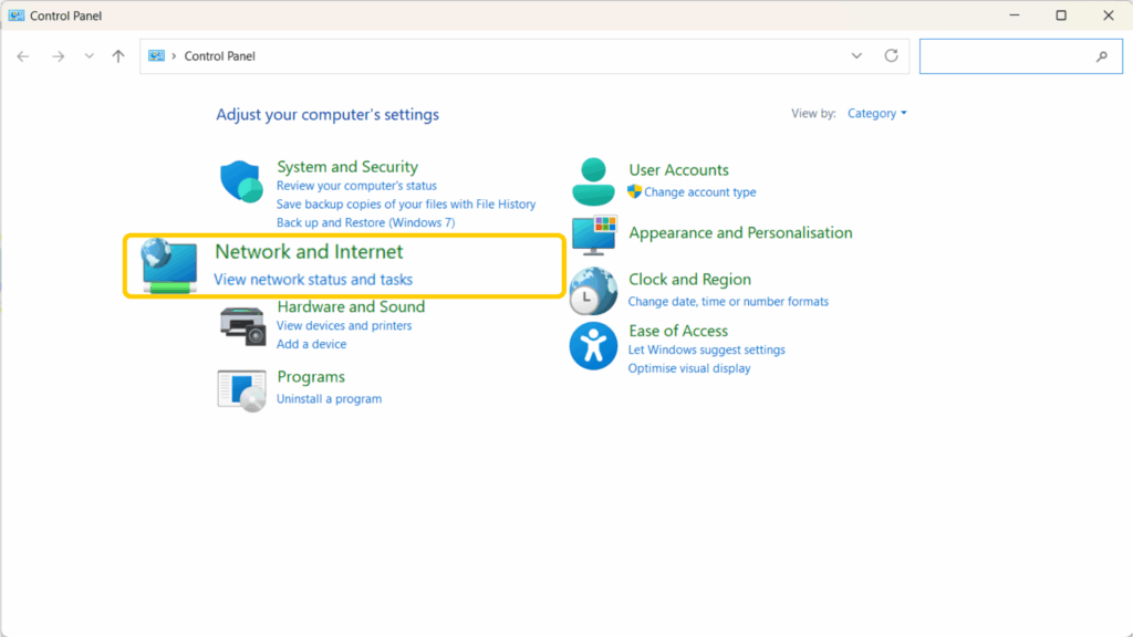 Windows Control Panel with Network and Internet highlighted.