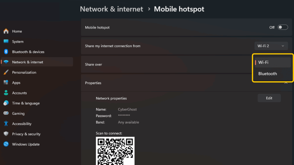 Screenshot highlighting how to share mobile hotspot over Wi-Fi on Windows