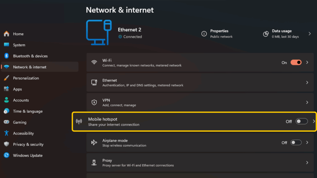 Screenshot highlighting where to find mobile hotspot settings on Windows