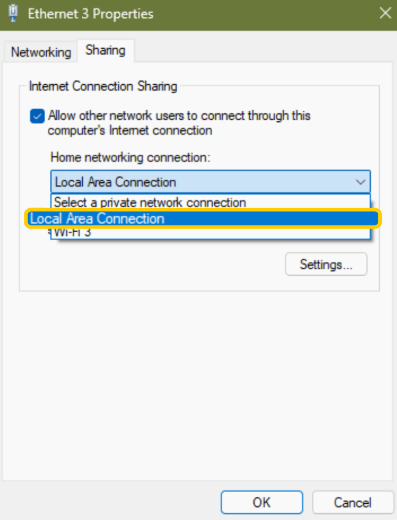 Ethernet Sharing settings with Home networking connection set to the Local Area Connection