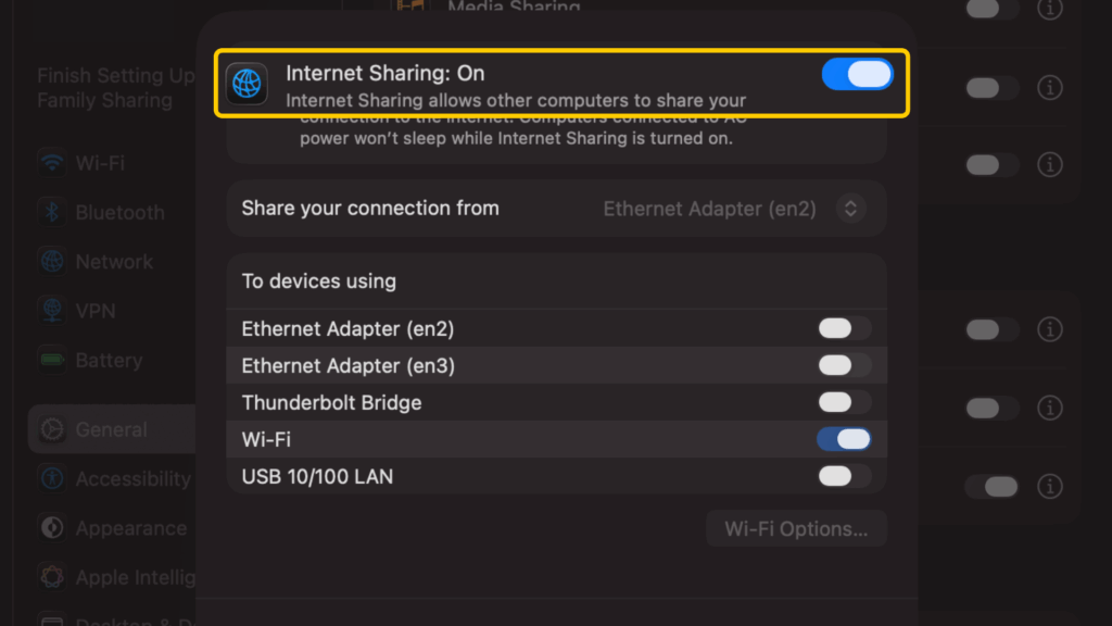Internet Sharing enabled on macOS with the Internet Sharing toggle switched on.