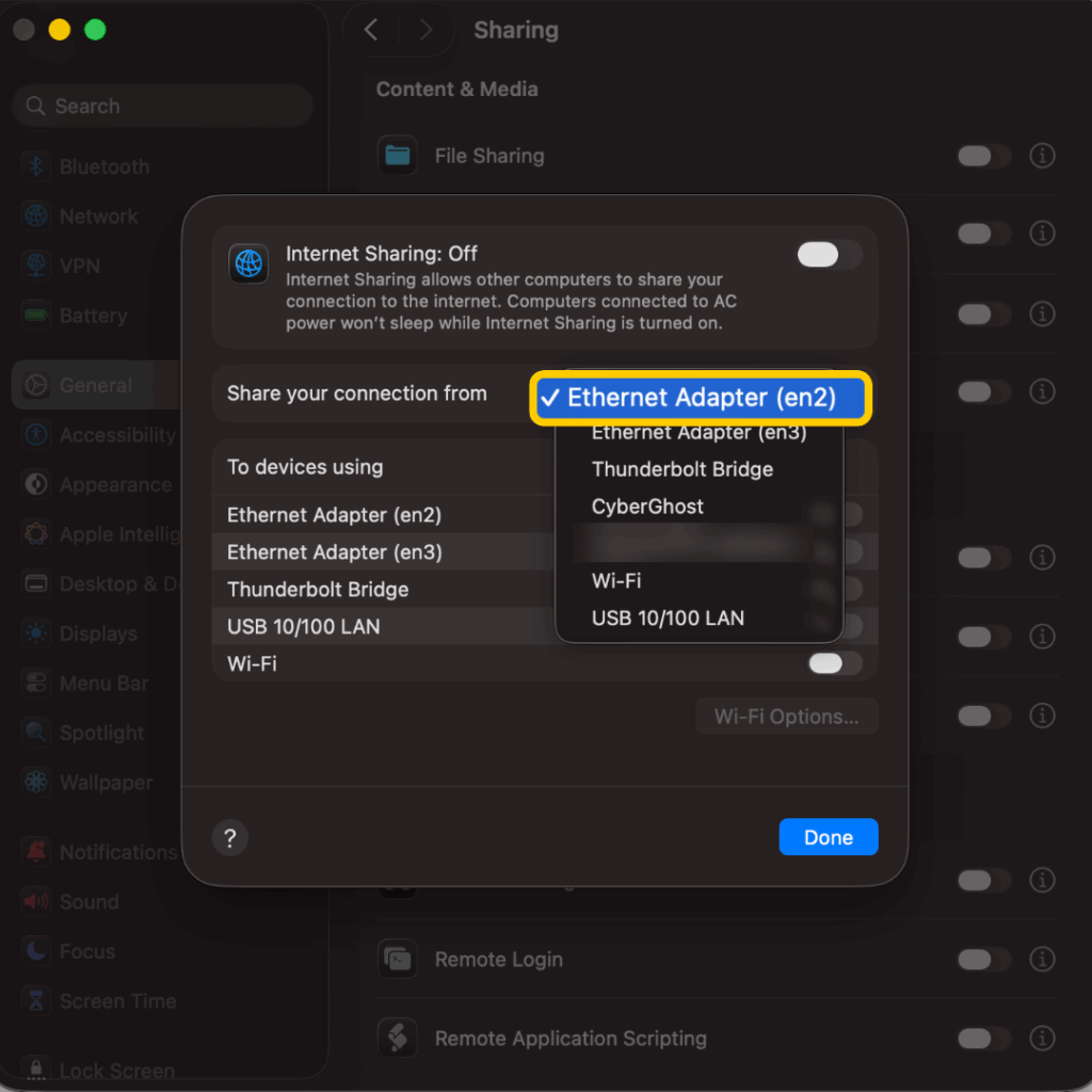 Internet Sharing settings with Ethernet selected as the connection to share.