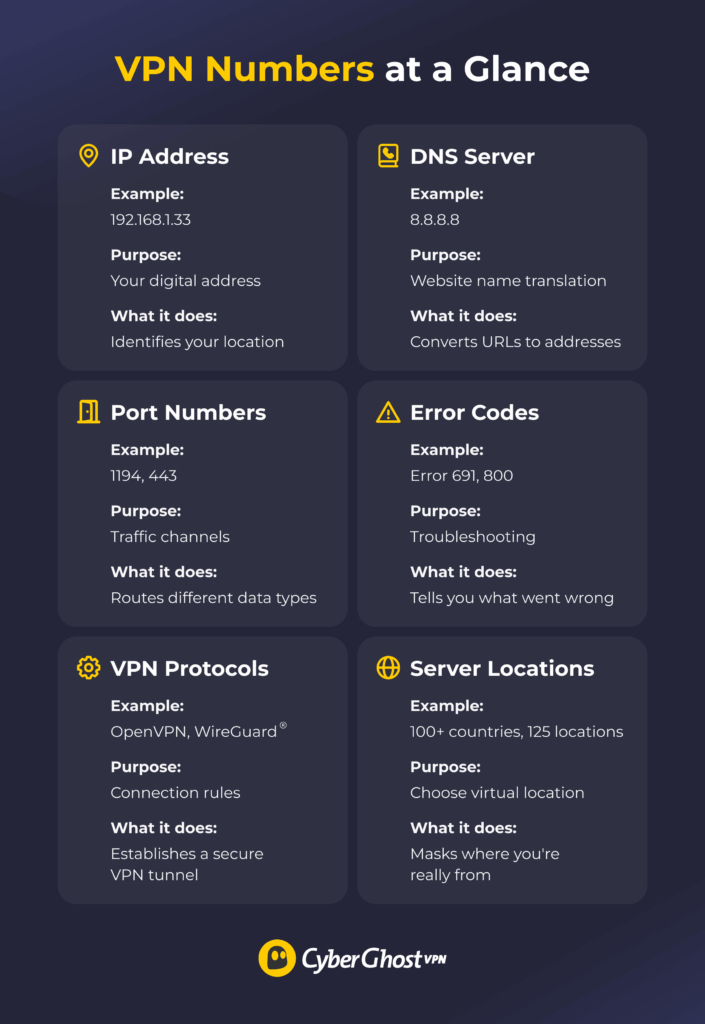 Reference guide showing six different types of VPN numbers: IP addresses, port numbers, protocols, server locations, DNS servers, and error codes.