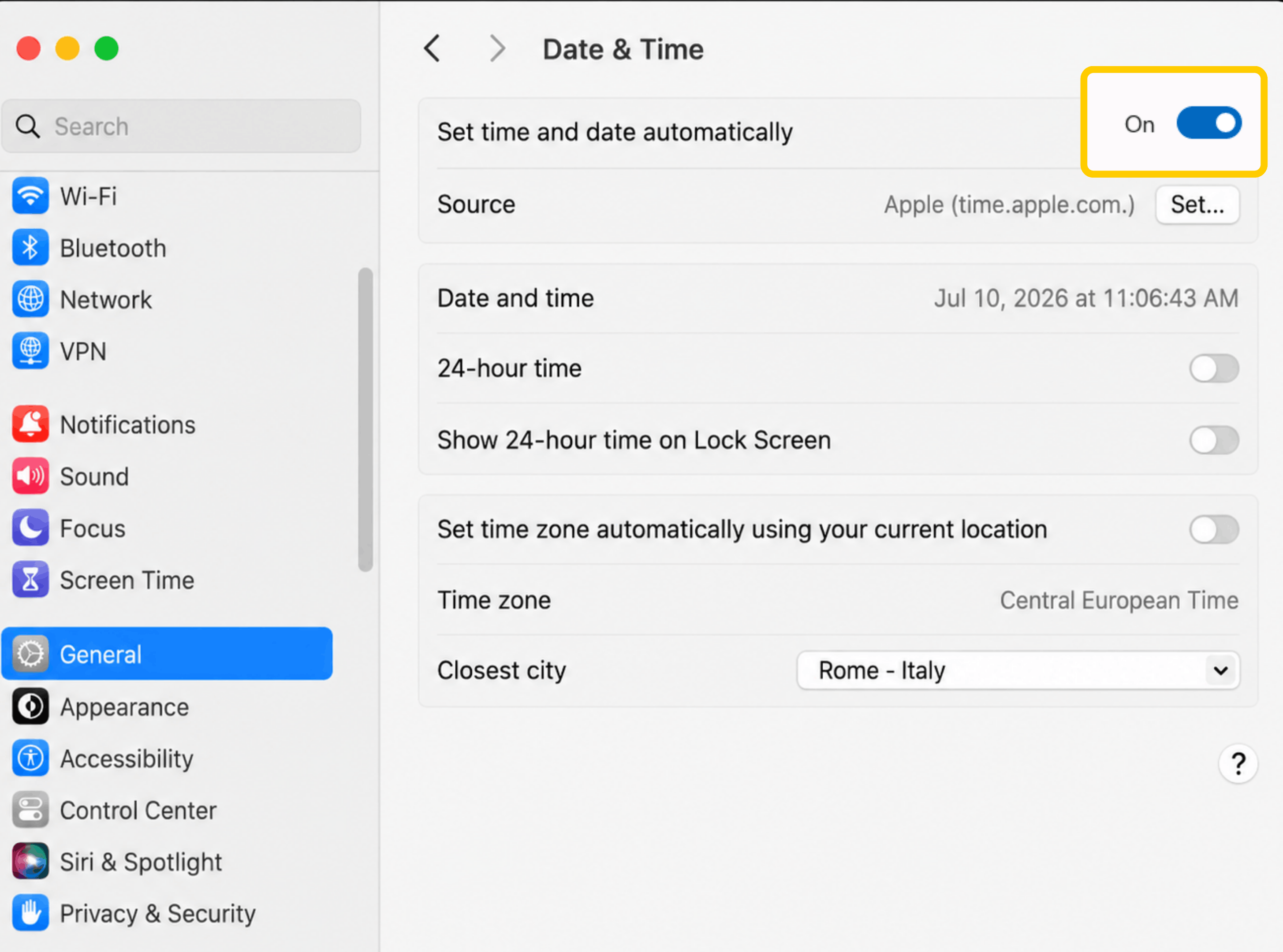 macOS Date & Time settings with automatic time enabled and Rome selected as the closest city.