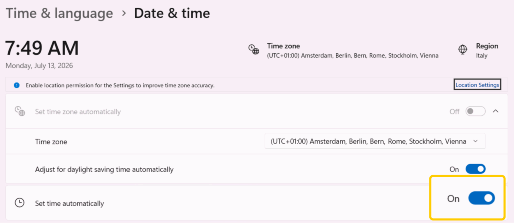 Windows 11 Date & time settings with Set time automatically turned on.