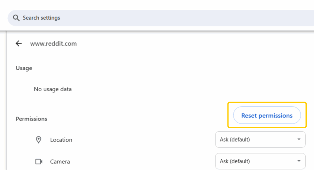 Chrome site settings for reddit.com with Reset permissions highlighted.