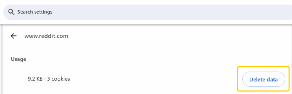 Chrome site settings for reddit.com with Delete data highlighted.