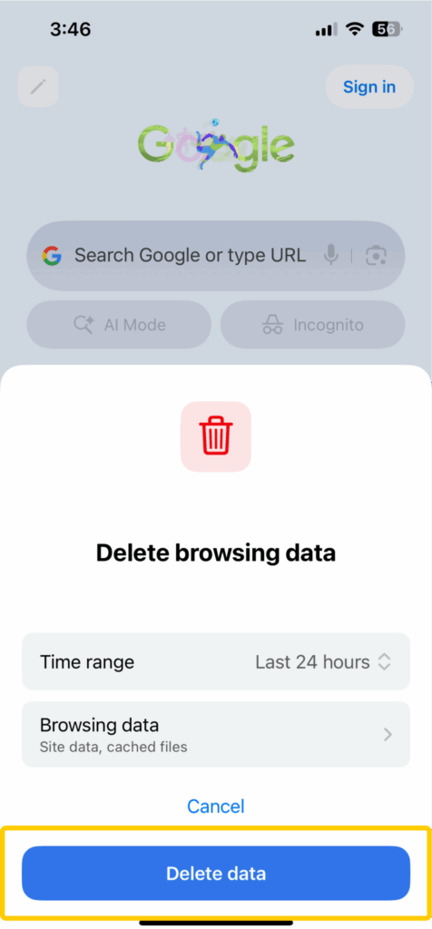 Chrome on iPhone Delete browsing data page with the "Delete data" button highlighted.