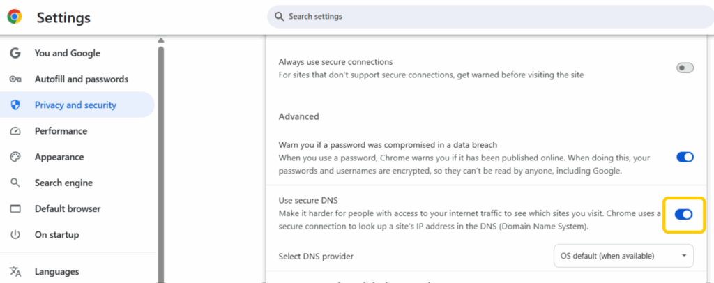 Chrome Privacy and security settings with Use secure DNS turned on and the OS default provider selected.