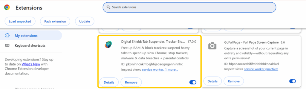 Chrome Extensions page with the Digital Shield extension and its on-off toggle highlighted.