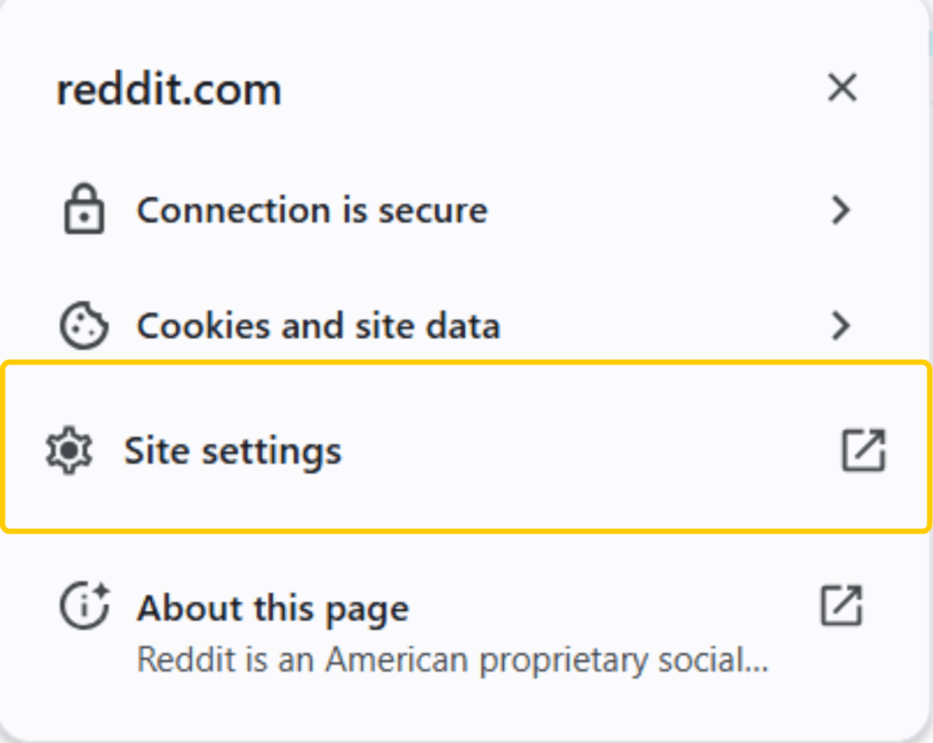 Chrome site information menu for reddit.com with Site settings highlighted.