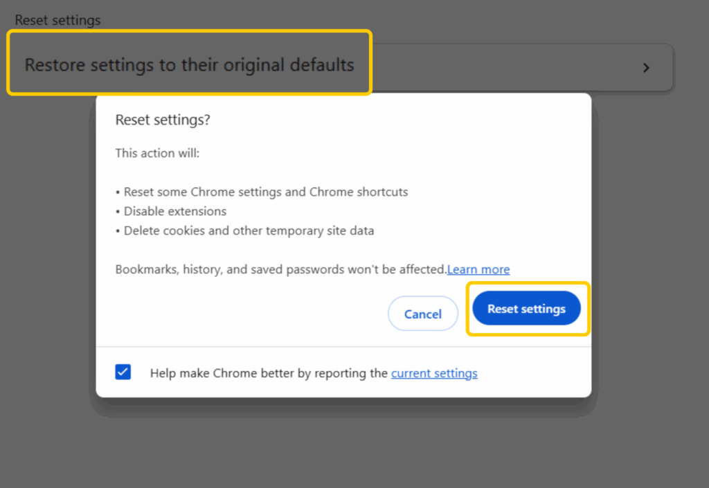 Chrome reset confirmation window with Restore settings to their original defaults and Reset settings highlighted.