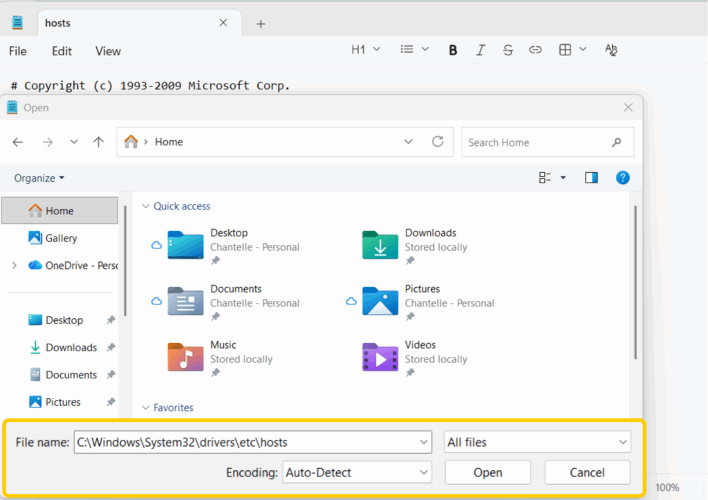 Notepad Open dialog with the Windows hosts file path entered in the File name field.
