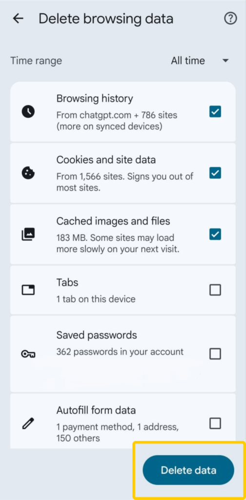 Chrome for Android browsing data settings with cookies and cached files selected and Delete data highlighted.