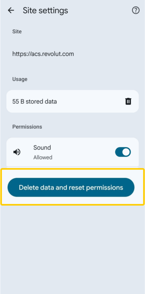 Chrome for Android site settings with Delete data and reset permissions highlighted.