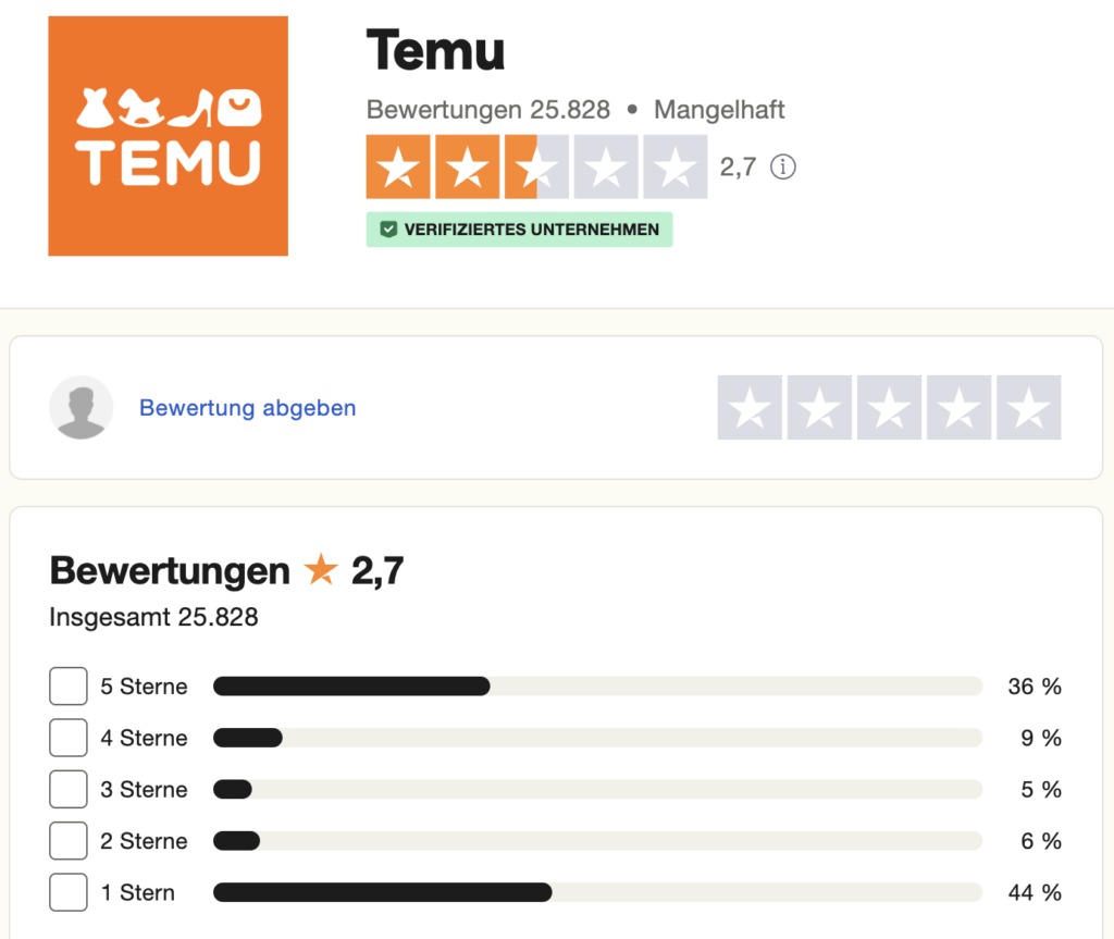 Bewertungen von Temu auf Trustpilot