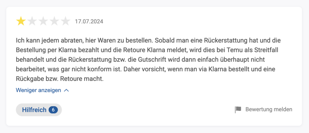 Screenshot: Bewertungen von Temu auf Trustpilot