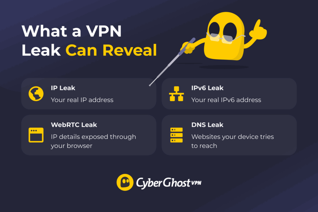 Infographic showing 4 types of VPN leaks: IP, DNS, WebRTC, and IPv6.
