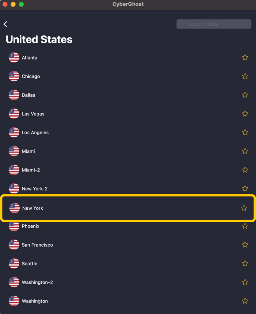 CyberGhost VPN server list showing United States locations with New York selected.
