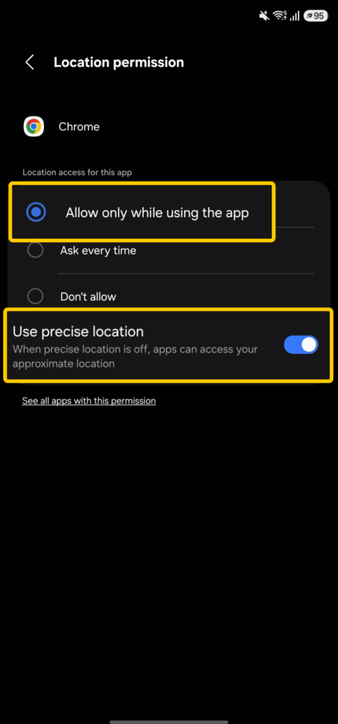 Android Chrome app location permission screen showing available location access options and precise location control.