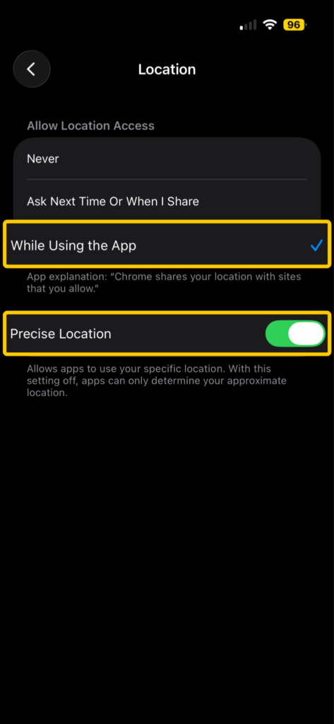 iPhone Chrome location settings showing location access choices and the Precise Location toggle.