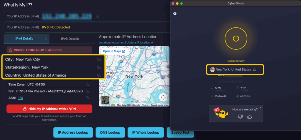 CyberGhost VPN connected to a New York server with an IP checker showing a New York City location and a blurred IP address.