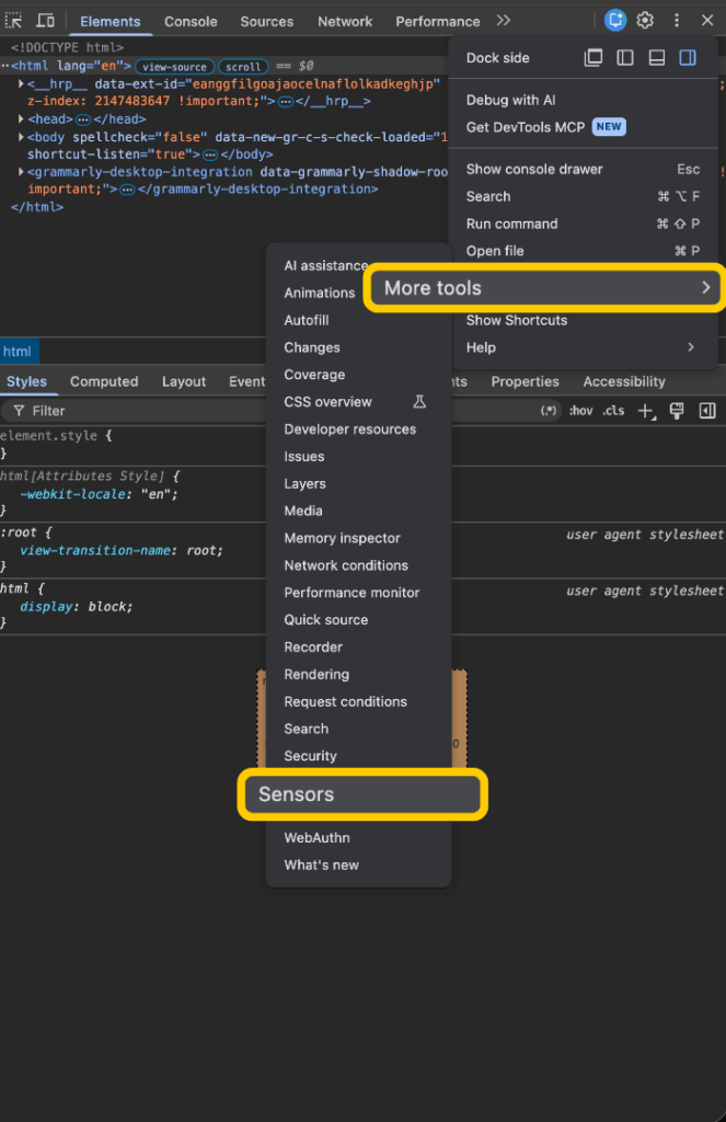 Chrome DevTools menu open with More tools expanded and the Sensors option highlighted.