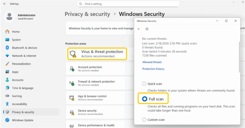A screenshot of Windows Security showing how to run a Full scan under Virus & threat protection