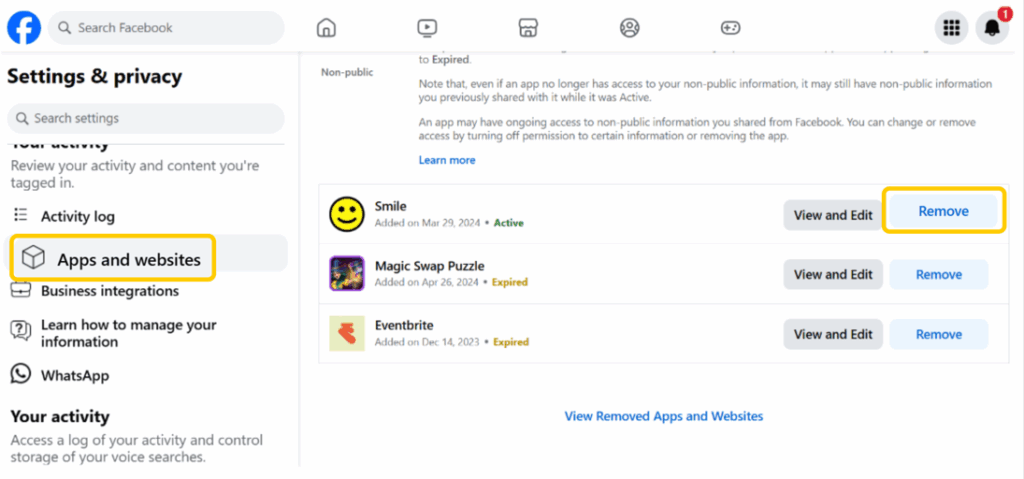 A screenshot of the Facebook Settings page showing how to remove connected apps