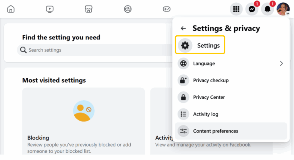 A screenshot of Facebook Setting page showing how to find the setting button