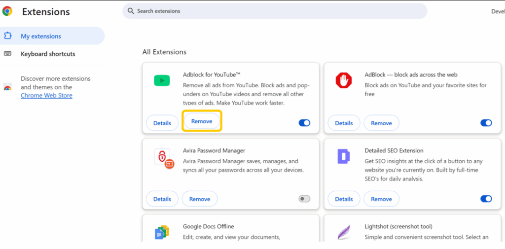 A screenshot of the Chrome Extensions page showing how to remove a browser extension