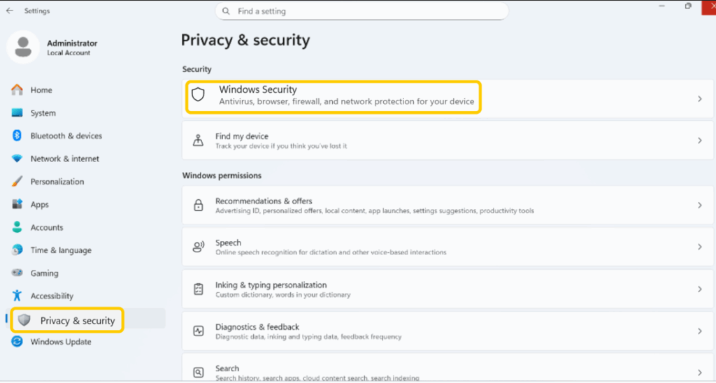 A screenshot of Windows Settings showing how to access Windows Security under Privacy & Security