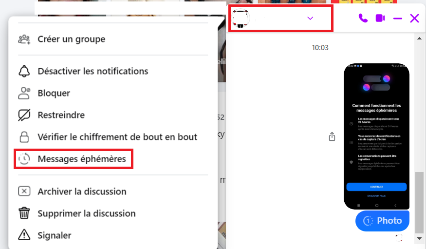 envoyer des messages ephemeres messenger sur PC