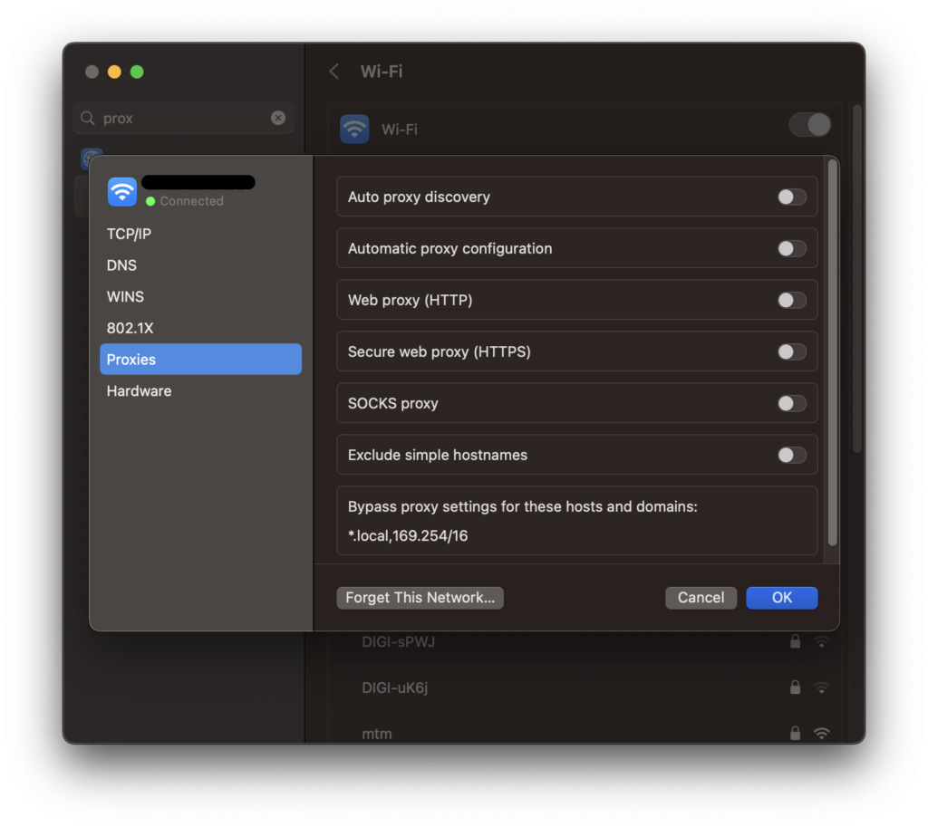 Screenshot showing the Proxies dialog box on macOS, allowing users to specify exceptions.